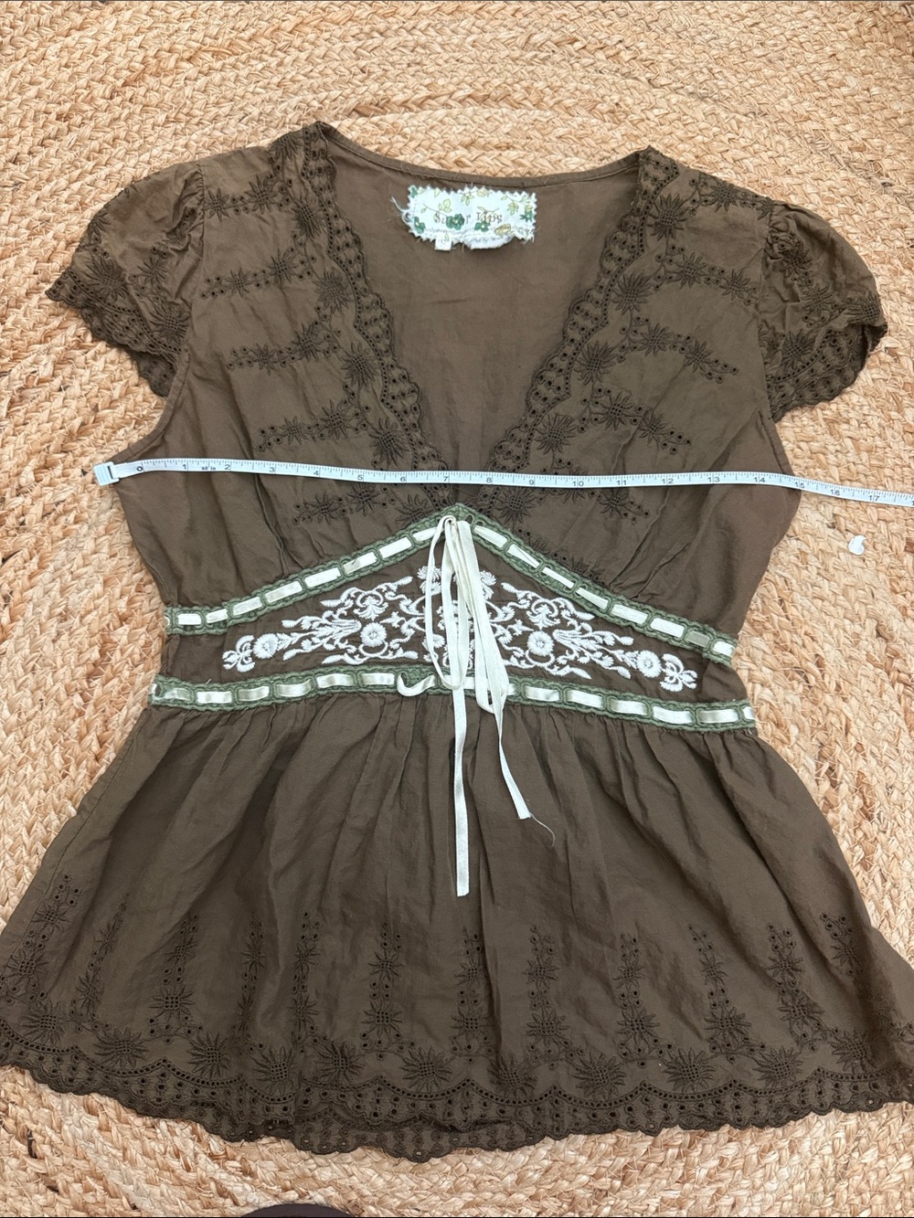 Y2K 100% Cotton Women’s Olive Embroidered Tie-Waist Top
